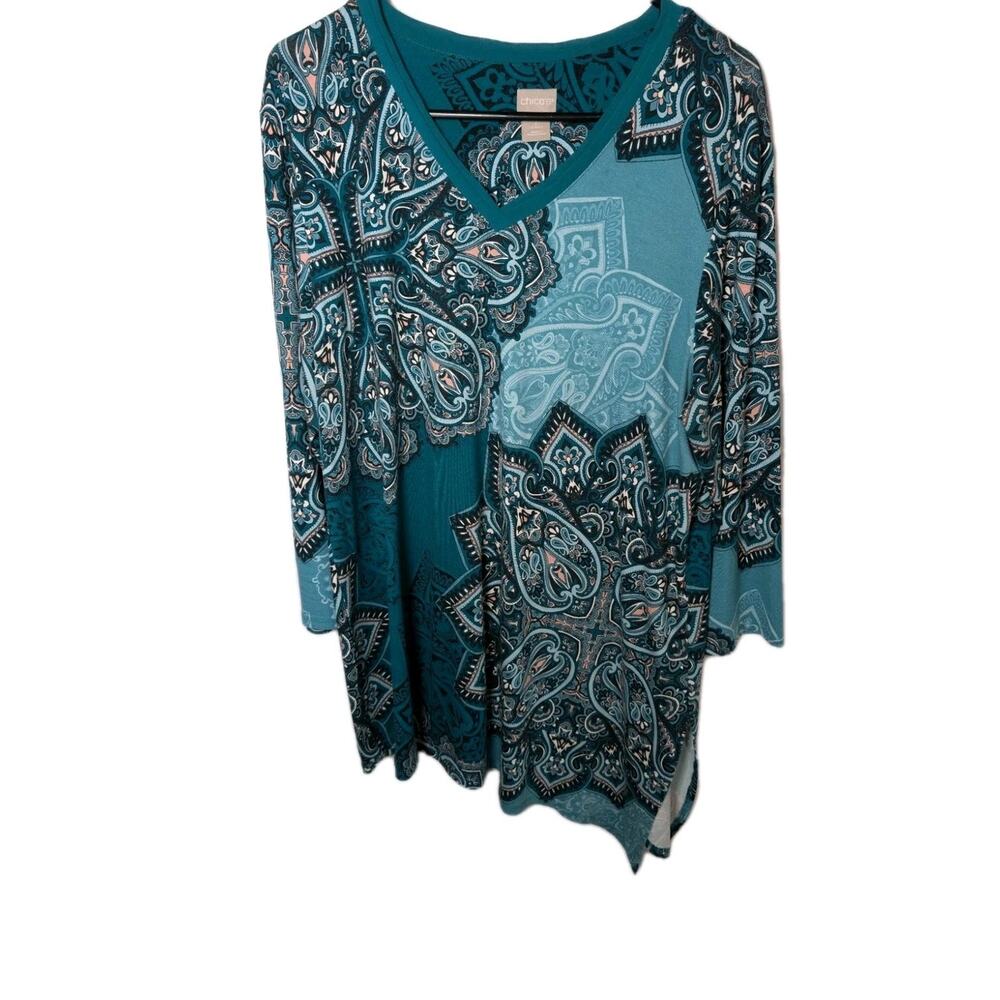 Chico's Shirt Tunic Blouse Top Stretchy Blue Women's Large 2 * Top V-neck Boho